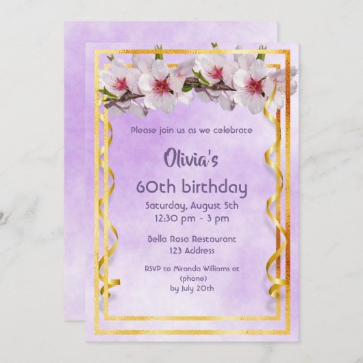 60歳の誕生日パーティーでさくらんぼの花が紫色に 招待状 (正面/裏面)