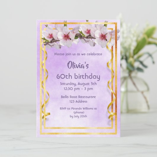 60歳の誕生日パーティーでさくらんぼの花が紫色に 招待状 (スタンド正面)