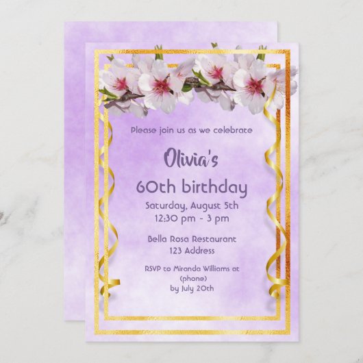 60歳の誕生日パーティーでさくらんぼの花が紫色に 招待状 (正面/裏面)