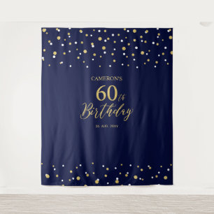 60歳の誕生日パーティーにぴったりなゴールドとネイビーのおしゃれな背景 タペストリー