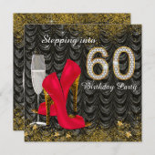 60歳の誕生日パーティーのために輝くサテン赤に足を踏み入れる 招待状 (正面/裏面)