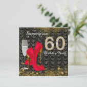 60歳の誕生日パーティーのために輝くサテン赤に足を踏み入れる 招待状 (スタンド正面)