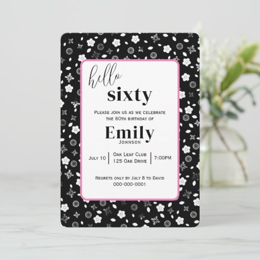 60歳の誕生日パーティーのための白黒のポシー 招待状 (スタンド正面)