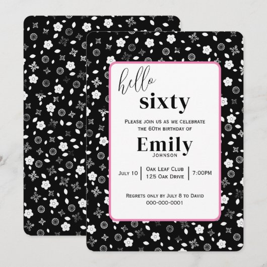 60歳の誕生日パーティーのための黒と白のポージー 招待状 (正面/裏面)