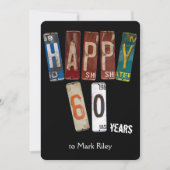 60歳の誕生日パーティーの古いライセンスプレート 招待状 (正面)
