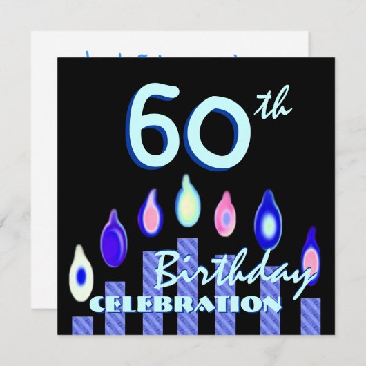 60歳の誕生日パーティーの青いキャンドストライプのル広場 招待状 (正面/裏面)