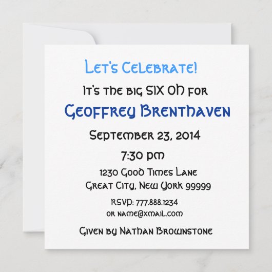 60歳の誕生日パーティーの青いキャンドストライプのル広場 招待状 (裏面)