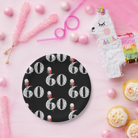60歳の誕生日パーティーの風船を黒で飾る ペーパープレート (パーティー)