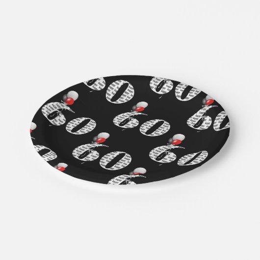 60歳の誕生日パーティーの風船を黒で飾る ペーパープレート (アングル)