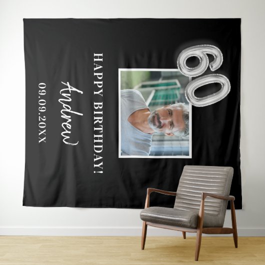 60歳の誕生日パーティーの黒い写真の名前の男性 タペストリー (インサイチュ(横))