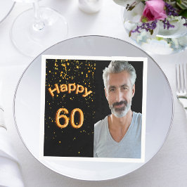 60歳の誕生日パーティーの黒と金の写真 スタンダードカクテルナプキン