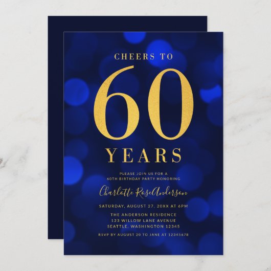 60歳の誕生日パーティーへの青い《写真》ぼけ味金ゴールド応援 招待状 (正面/裏面)