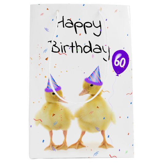 60歳の誕生日パーティーアヒル(気球) ミディアムペーパーバッグ (正面)
