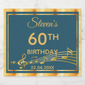 60歳の誕生日パーティーエレガントティール（緑がかった色）と金ゴールド音楽 スパークリングワインラベル (シングルラベル)