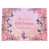 60歳の誕生日パーティーピンクバイオレット花模様かわいい ラージペーパーバッグ (正面)