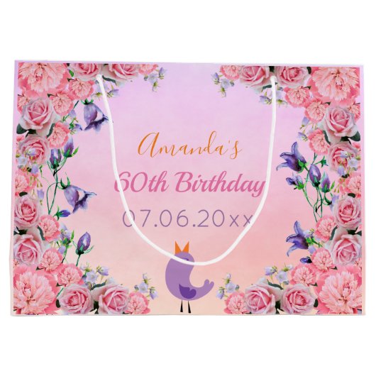 60歳の誕生日パーティーピンクバイオレット花模様かわいい ラージペーパーバッグ (裏面)