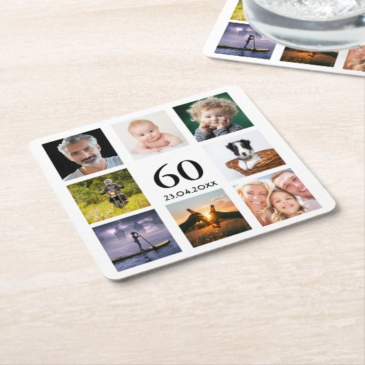 60歳の誕生日パーティー写真コラージュ男の男性 スクエアペーパーコースター (アングル)