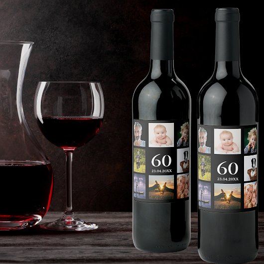 60歳の誕生日パーティー写真コラージュ男ブラック ワインラベル
