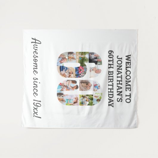 60歳の誕生日パーティー写真コラージュ背景 タペストリー (正面(横))