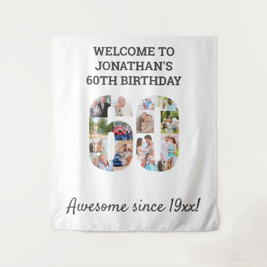 60歳の誕生日パーティー写真コラージュ背景 タペストリー (正面)