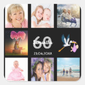 60歳の誕生日パーティー写真コラージュ黒 スクエアシール (正面)