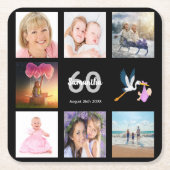 60歳の誕生日パーティー写真コラージュ黒 スクエアペーパーコースター (正面)