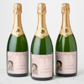 60歳の誕生日パーティー写真バラ金ゴールドグリッターピンク スパークリングワインラベル (ボトル)