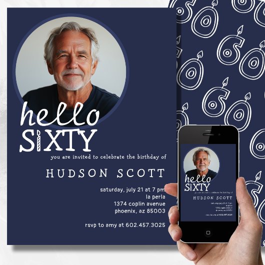 60歳の誕生日パーティー写真60歳のネモダンビーブルー 招待状