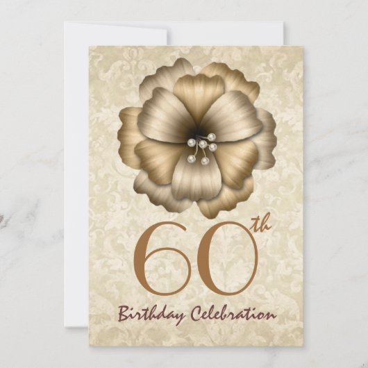 60歳の誕生日パーティー招待状 ゴールドの花の蝶結び 招待状 (正面)