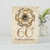 60歳の誕生日パーティー招待状 ゴールドの花の蝶結び 招待状 (スタンド正面)