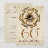 60歳の誕生日パーティー招待状 ゴールドの花の蝶結び 招待状 (正面/裏面)