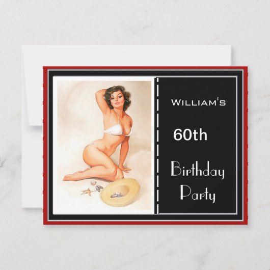 60歳の誕生日パーティー招待 赤黒ピンナップ2 招待状 (正面)
