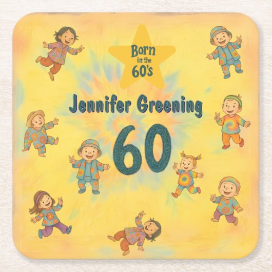 60歳の誕生日パーティー生まれレトロin the 60's Hippy スクエアペーパーコースター (正面)