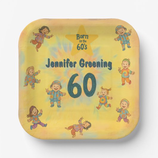 60歳の誕生日パーティー生まれレトロin the 60's Hippy ペーパープレート (正面)