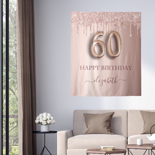 60歳の誕生日パーティー赤面ピンクローズ金ゴールドグリッター タペストリー