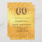 60歳の誕生日パーティー金ゴールドグリッター 招待状 (正面/裏面)