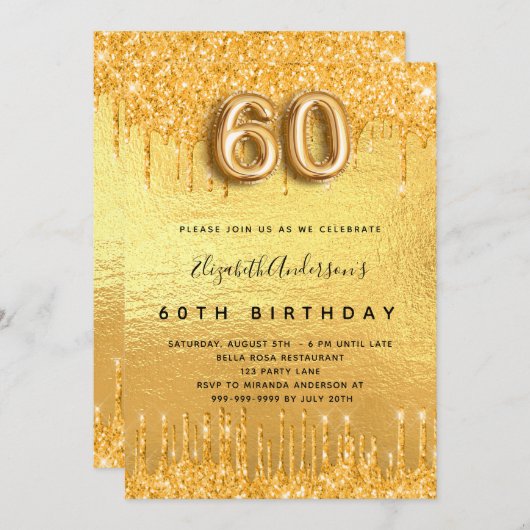 60歳の誕生日パーティー金ゴールドグリッター 招待状 (正面/裏面)