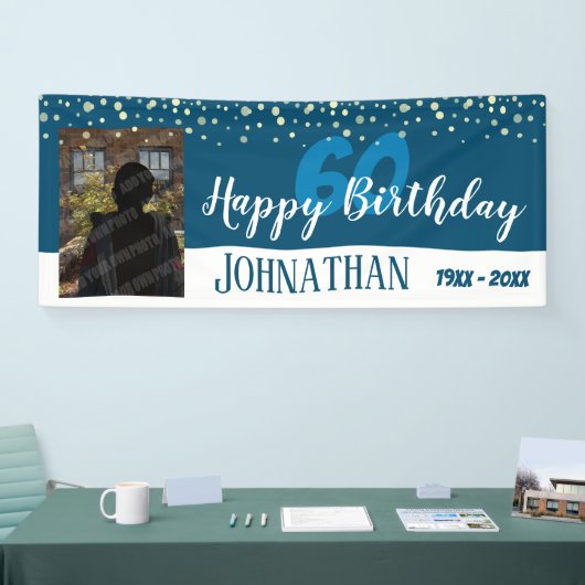 60歳の誕生日パーティー1枚の写真と紙吹雪ブルー 横断幕 (トレードショー)