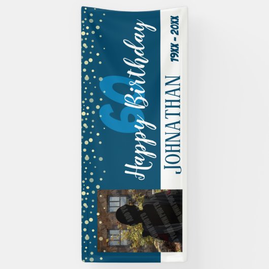 60歳の誕生日パーティー1枚の写真と紙吹雪ブルー 横断幕 (縦)