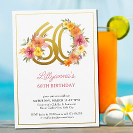 60歳の誕生日パーティー おしゃれな花とゴールドの数字「60」 招待状