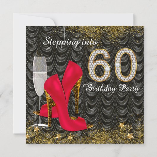 60歳の誕生日パーティー グリッターサテンレッド 招待状 (正面)