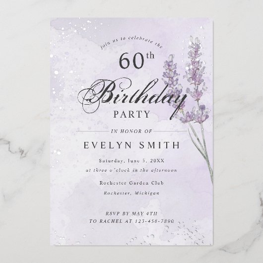 60歳の誕生日パーティー シルバー ラベンダー 箔招待状 (正面)