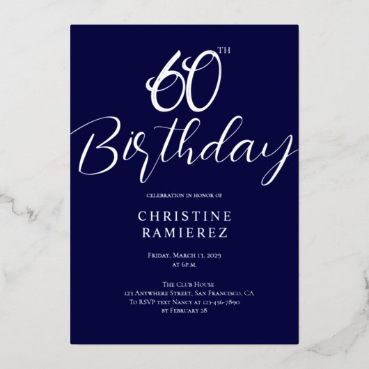 60歳の誕生日パーティー ネイビーブルー シルバー フォト 箔招待状 (正面)