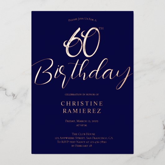 60歳の誕生日パーティー ネイビーブルー ローズゴールド 写真入り 箔招待状 (正面)