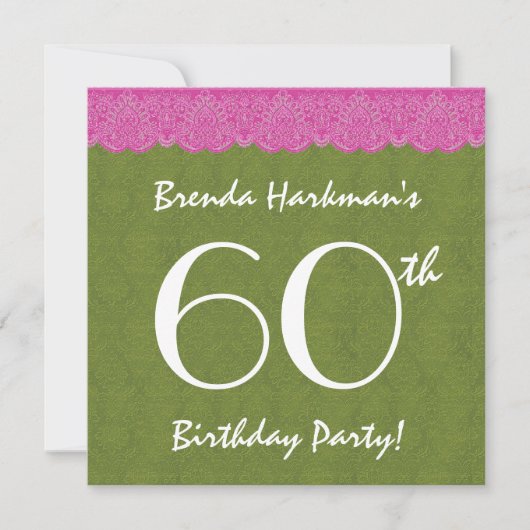 60歳の誕生日パーティー ピンクのレースとダマスク 招待状 (正面)