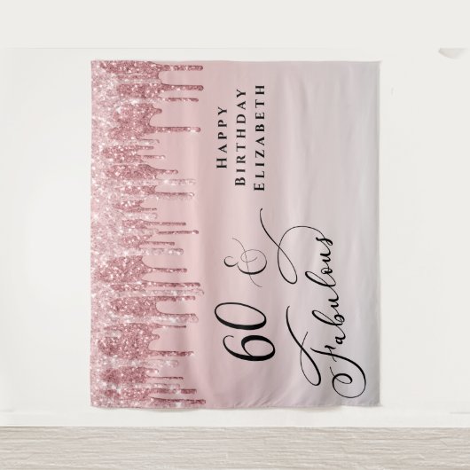 60歳の誕生日パーティー ピンク ローズゴールド グリッター タペストリー (正面)