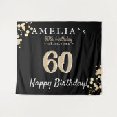 60歳の誕生日パーティー ブラック ゴールドの背景 タペストリー (正面(横))