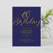 60歳の誕生日パーティー リッチネイビーブルー ゴールド 写真 招待状 (スタンド正面)