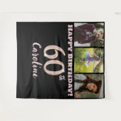 60歳の誕生日パーティー、ローズゴールドのグリッター & 3枚の写真 タペストリー (正面(横))