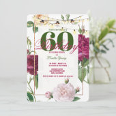 60歳の誕生日パーティー、ローズ/ピンクの花 ゴールドフレーム 招待状 (スタンド正面)